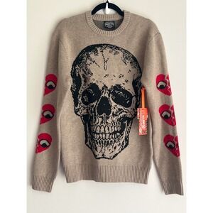 RGSTR Men's Skull Graphic Sweater Tan Streetwear Broken Heart Sleeve Small NWT